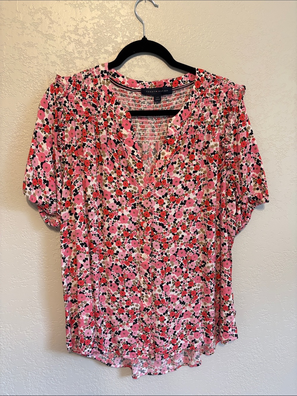 Tommy Hilfiger Pink & Red Floral V-Neck Short Sleeve Blouse